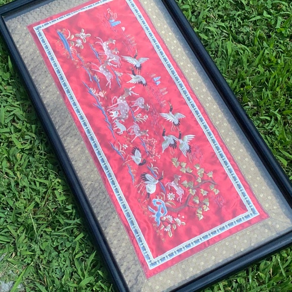 CHINESE ASIAN EMBROIDERED PANEL RED SILK Animals Birds Trees Framed 28” X 14”